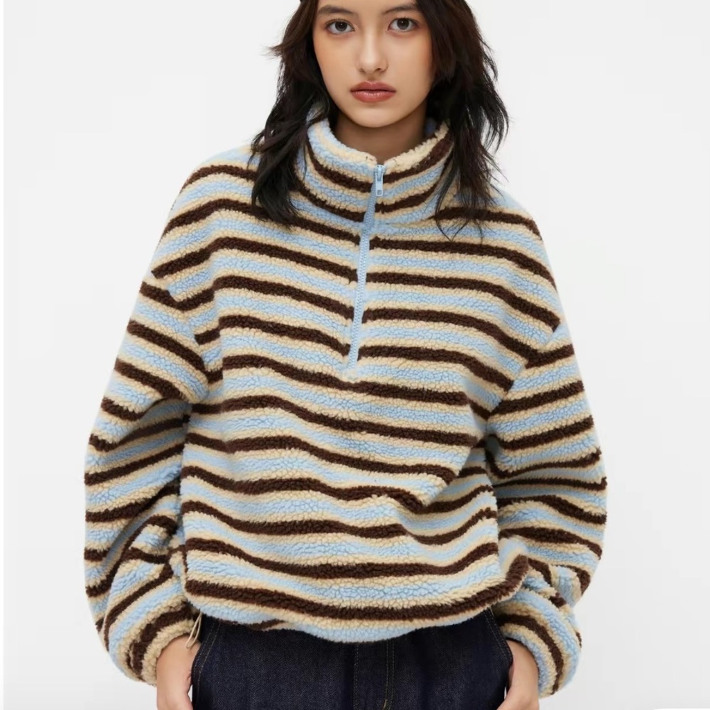 Cider Fleece Stripe Stand Collar | Sky Blue - L, 8